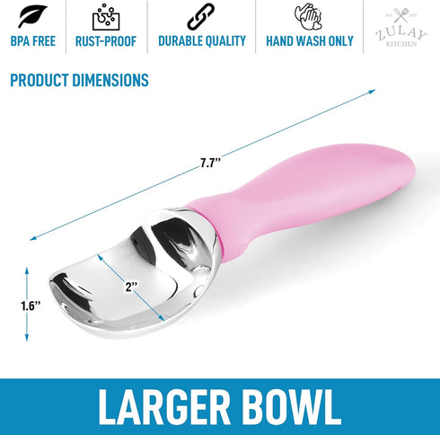 Zulay Ice Cream Scoop with Soft Easy Grip Handle - Heavy Duty Ice Cream Scooper with Built-in Lid Opener (Pink)