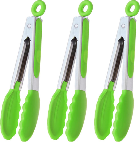 Mini Tongs with Silicone Tips, 7 Inches Silicone Cooking Tongs, Set of 3 in Green