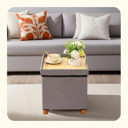 15" 15" 15"Grey PINPLUS Storage Ottoman Cube, White Linen Footrest with Wooden Legs, Foldable Fabric Footrest