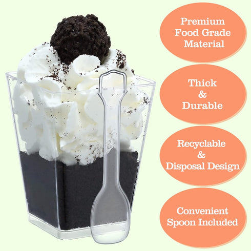 5 Oz-Plastic-Dessert-Cups: 30 Pack SHOPDAY Square-Clear-Cup-with-Spoons, Small Parfait-Cup Mini Plastic Appetizer