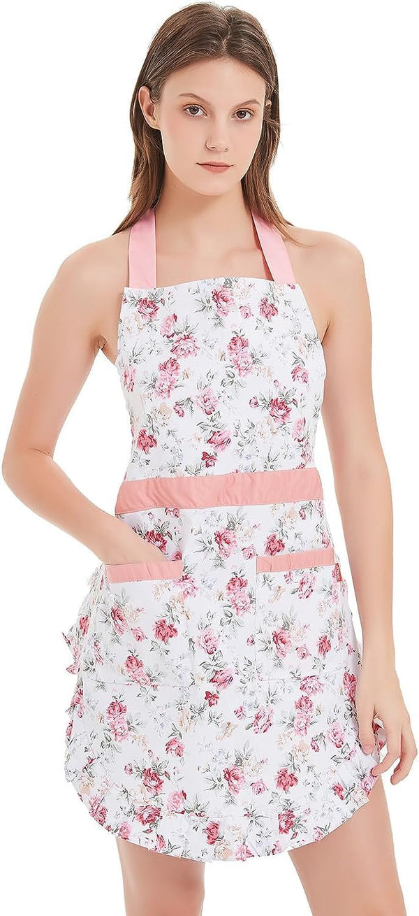 Lovely Cotton Apron for Women, Adjustable Neck Strap, 2 Pockets, 41.5” Long Ties, Cute Kitchen Cooking Apron - 30” x