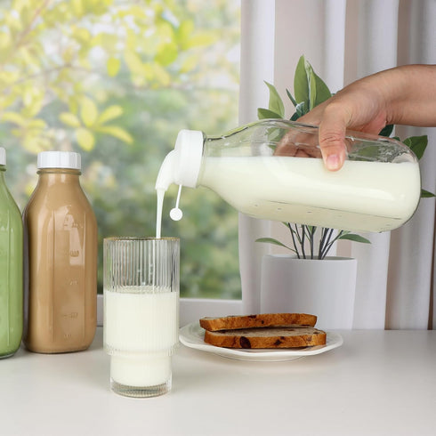 LOSANJI 4 Pack 32 Oz 2 2 1Qt Glass Milk Bottles with Nut Milk Bag & Pour Spout & Airtight Lids & Brush- Scale Mark