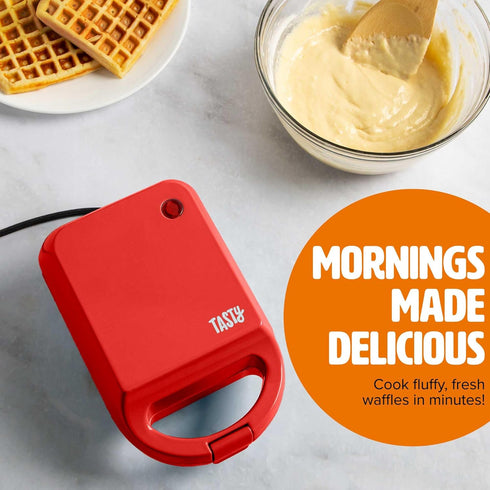 Tasty Mini Nonstick Waffle Maker, Perfect for Individual Waffles, Hash Browns, Brownies and more, Quick Results, Easy Clean Up, 600W, Red by Tasty