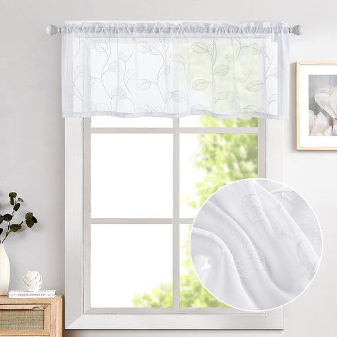 Topick White Sheer Leaf Curtain Valance, 18 Inch Rod Pocket Small Curtain for Windows, Semi Sheer