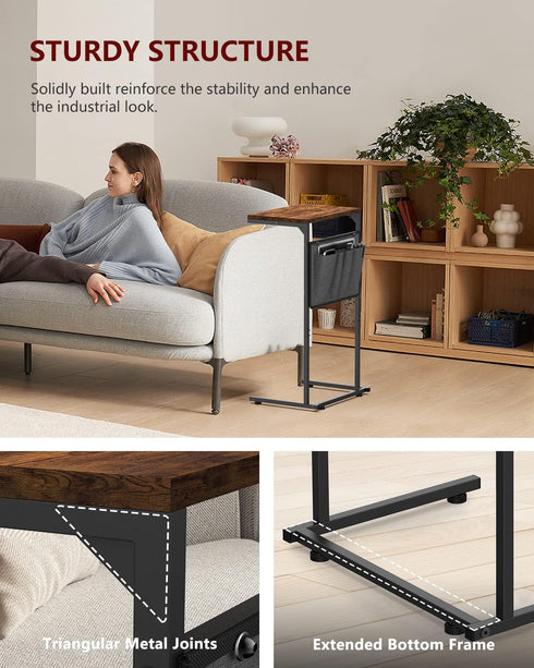Vantic C Shaped End Table, Small Couch Side Table with Storage Bag, Rustic Brown Metal Frame for Living Room