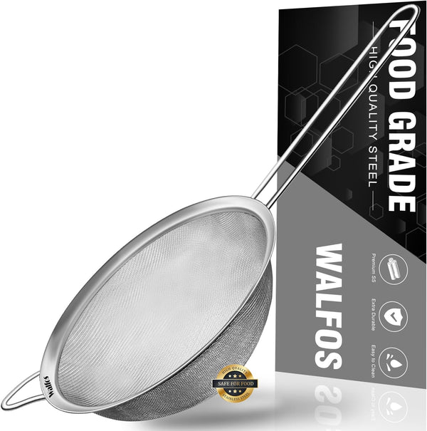 Walfos 7 Inch Fine Mesh Strainers, Premium Stainless Steel Colanders and Sifters with Reinforced Frame and Sturdy Handle