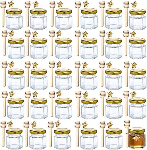 1.5 oz Hexagon Mini Glass Honey Jars - 30 Pack with Wood Dipper, Gold Lid, Bee Pendants, Jutes - Perfect for Baby