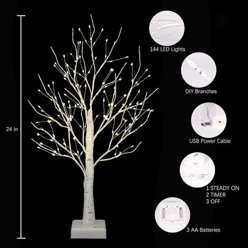 AOLTNRC 2 Pack 144 2FT Lighted Trees for Indoor Decor with Timer, LED White Light up Birch Tree Tabletop Lamp