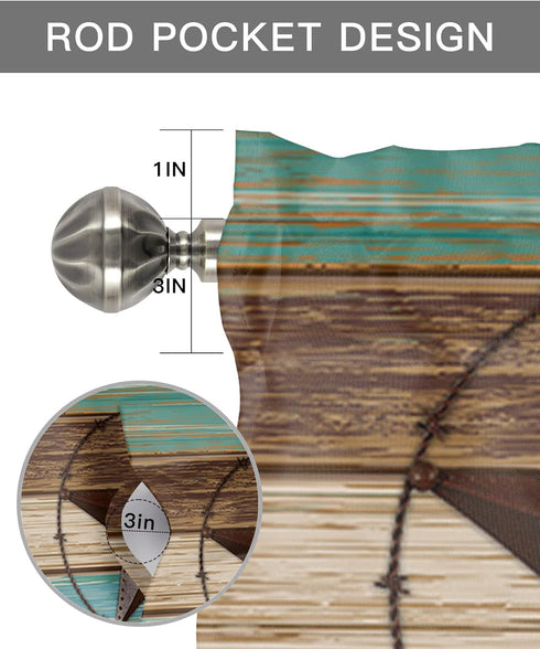 Western Valances Curtain 1 Panel for Kitchen Cafe, Teal Brown Wood Grain, 42"x12", Rod Pocket Window Treatment