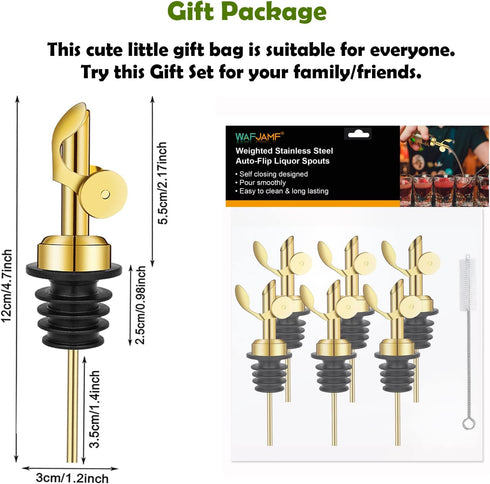 1 Wine(Gold-6Pcs) WAFJAMF Weighted Stainless Steel Bottle Pourers, Auto Flip Feature Self Closing Olive Oil Dispenser