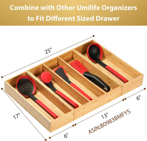 Umilife Bamboo Kitchen Utensils Organizer, Extra Long Flatware Cutlery Storage Box, Multi-Use Drawer Divider (Set of 2)