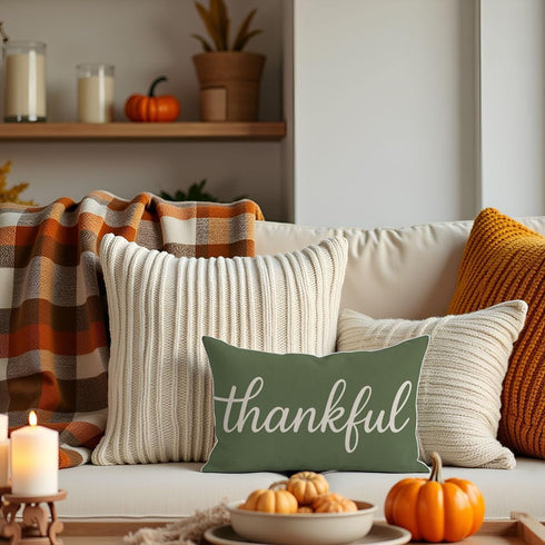 12x20 Inch Thankful Pillow Cover Olive Green Lumbar Decorative Cushion Case Rustic Farmhouse Fall Decor Thanksgiving