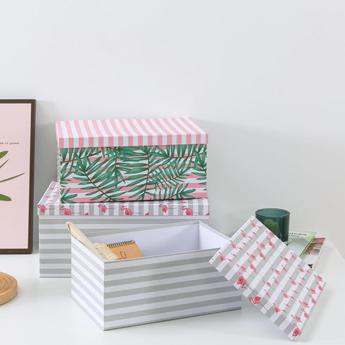 SLPR Decorative Cardboard Storage Boxes with Lids - Set of 3: Pink Flamingo Paperboard Nesting Gift Boxes, Palm Leaves