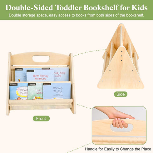 AZSKY Double-Sided Toddler Bookshelf for Kids, Montessori Bookshelf to Display Books, Sling Book Rack Organizer