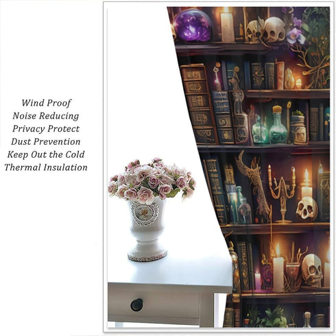 45" 42" Bookshelf Skull Blackout Curtains for Bedroom Living Room, Gothic Library Candles Book Floral Thermal Insulated