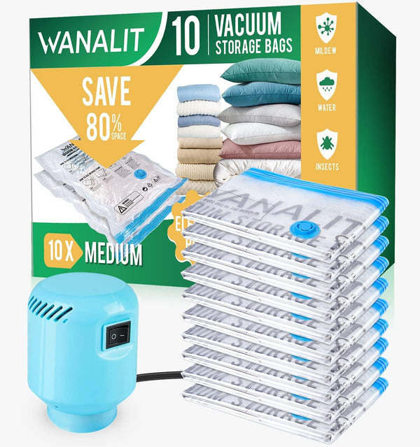 Vacuum Storage Bags with Electric Pump, 10 Pack Medium Size (28"x 18"), Reusable Compression Space Saving
