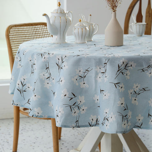 Pastoral Round Tablecloth - 60 Inch Dia. - Linen Fabric, Washable Dust-Proof Wrinkle Resistant Table Cover, Floral