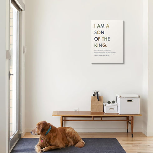 XWELLDAN 11 14 Inch, Christian Religious Bible Verse I am a Son of the King Boy Nursery Wall Art Canvas