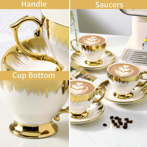 Set 6, 7 oz LETAOTAO Tea Cups and Saucers of Ceramic Turkish Coffee Cup With Gold Trim for Cappuccino, Latte, Mocha, Au