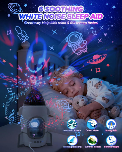 360 Rocket Night Light Projector for Kids Boys Toddlers Sensory Toys with Music&Films,Nightlight Lamp Astronaut Ceiling