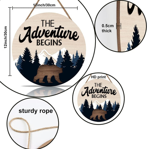 LHIUEM The Adventure Begins Wooden Hanging Sign, Bear Mountain Inspirational Quotes for Home Cabin Decor, 12”X 12”