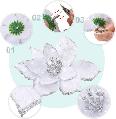 WILLBOND 36 Pcs Christmas Poinsettia Flowers - Glitter Faux Flowers Decoration for Christmas New Year Home Decor
