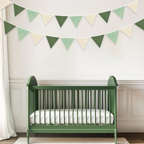 2 Sets 24Pcs Summer of Sage Green Pennant Banner Nursery Garland Flags Olive Green Fabric Linen Triangle Streamers