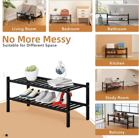 2 Closet, 27"x11"x13" 2 Tier Bamboo Shoe Rack Storage Organizer for Multifunctional Stackable Free Standing Shoe Shelf