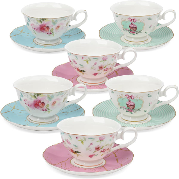 fanquare Rose Tea Cup and Saucer Set for 6, British Tea Cups