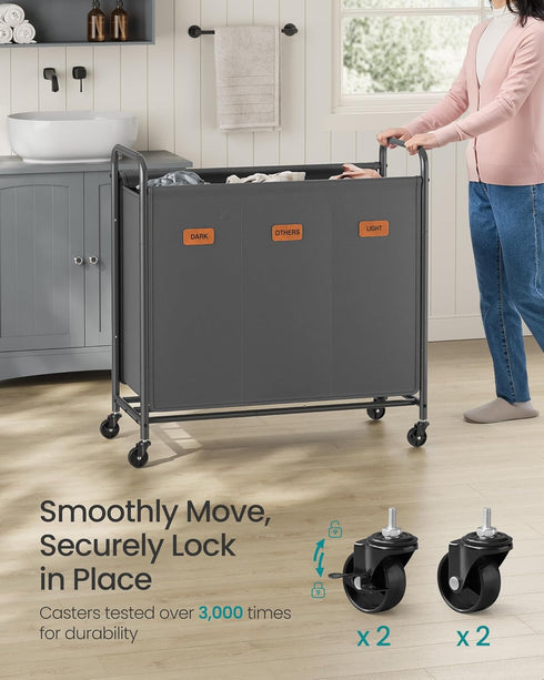 3-Section URLS330G01 SONGMICS Laundry Sorter, Laundry Hamper with Wheels, Rolling Clothes Hamper Cart with Large