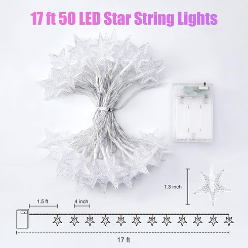 17 50 Minetom Star String Lights Battery Operated - ft LED Star Fairy String Lights with Timer, Waterproof for Indoor