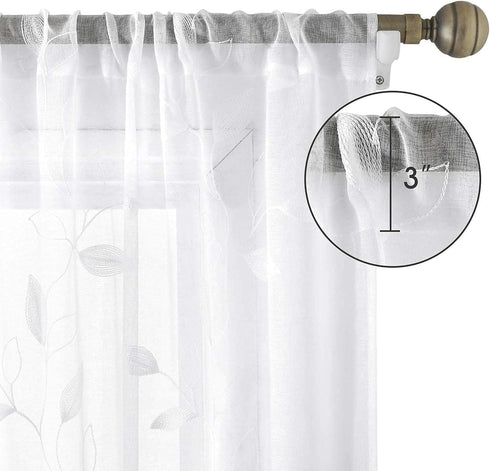 HOMEIDEAS White Sheer Curtains, 52 x 63 Inches, 2 Panels Embroidered Leaf Pattern Faux Linen for Windows