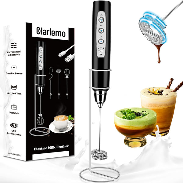 Handheld Rechargeable Milk Frother with Stand, Electric Whisk for Coffee, Detachable with 3 Stainless Whisks, Black