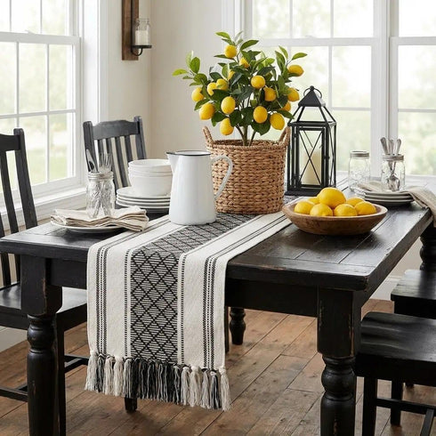 72 Inches yuboo Black and White Table Runner Farmhouse Style, Modern Long Geometric Woven Coffee Table Runner Long