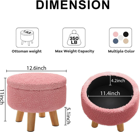 WBKATN Pink Storage Ottoman Foot Rest, Small Sherpa Ottoman with Storage, Cute Round Foot Stool, Modern Pouf Ottomans