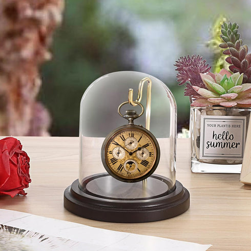 JUXYES Clear Watch Glass Display Dome Cloche With Hook, Dome Cloche with Hook with Wooden Base, Transparent Dome Cloche