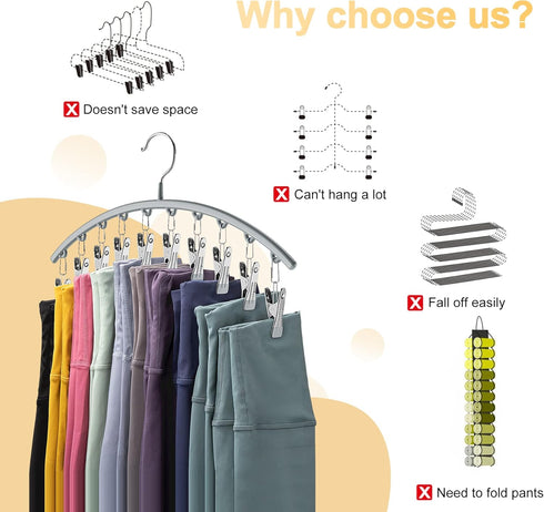 Legging Organizer for Closet, Metal Yoga Pants Hanger w/Rubber Coated 2 Pack w/10 Clips Hold 20 Leggings, Hangers Space Saving Hanging Closet Organizer for Closet Organizers and Storage-Grey by Volnamal