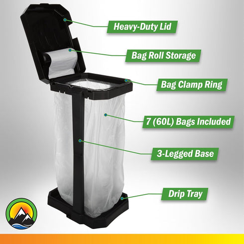 7 Wakeman Heavy Duty Black Trash Bag Portable Trash Bag Holder Stand with Bags - Collapsible Trash Can Camping, RV