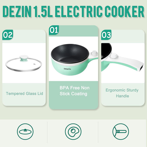 Dezin Hot Pot Electric Upgraded, Non-Stick Sauté Pan, 1.5L Mini Portable Hot Pot for Steak, Egg, Fried Rice