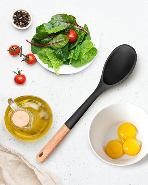 Large Silicone Cooking Spoons, Nonstick Solid Wooden Handle, Heat Resistant Kitchen Spoons for Cooking & Serving