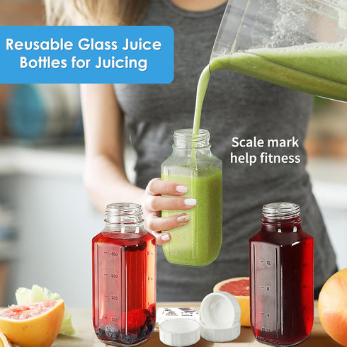 6 Pack 16 Oz 2 100% 2 Glass Juice Bottles with Pour Spouts, Airtight Heavy Duty SCREW Lid- Reusable Glass Milk Bottles
