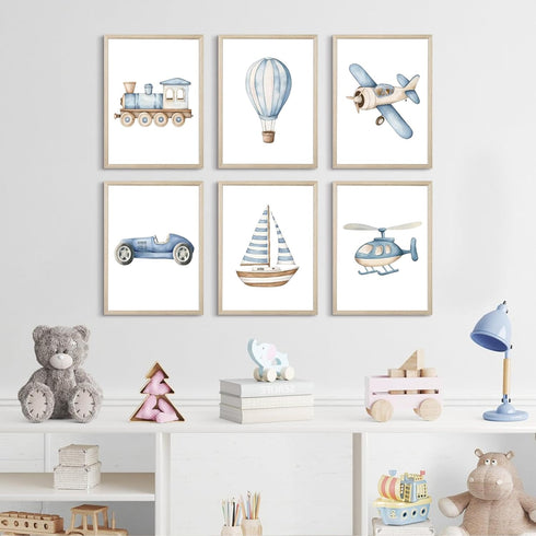 Lhoiplme 8x10x6 Inch Baby Boy Nursery Wall Art Transportation Blue Car Canvas Prints Vintage Toddler Vehicle Pictures