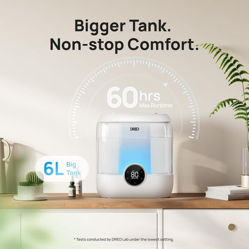 6L 60H 28 DREO Humidifiers for Bedroom, Easy to Fill & Clean, Runtime for Large room, dB Quiet Cool Mist Air Humidifier