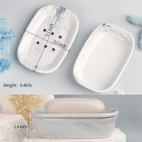 Ceramic Soap Dish, Self-Draining Soap Holder, Double Layer Marble Blue, Easy to Clean