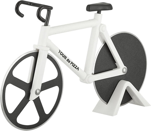 TOUR de PIZZA Bicycle Pizza Cutter - Dual Non-Stick Stainless Steel Cutting Wheels - Dishwasher Safe with Display Stand