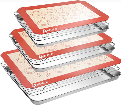 Stainless Steel Baking Sheet Tray with Silicone Baking Mat Set, Cookie Pan with Cooling Rack, Set of 9