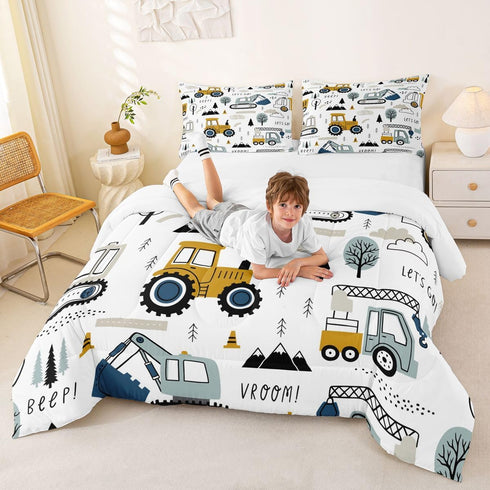 Set Set Set Set 3Pcs Feelyou Cartoon Car Kids Comforter Construction Bedding for Boys Toddler Decor Equipment Trucks