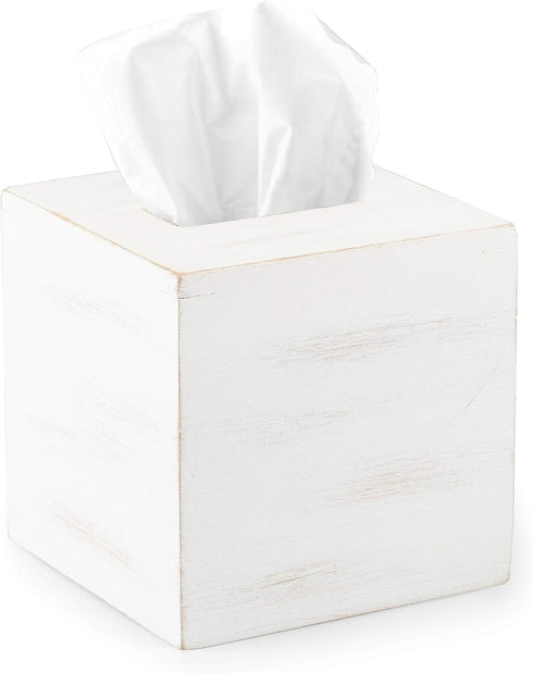 Ilyapa Square Wood Tissue Box Cover - Rustic Farmhouse White Wooden Tissue Holder