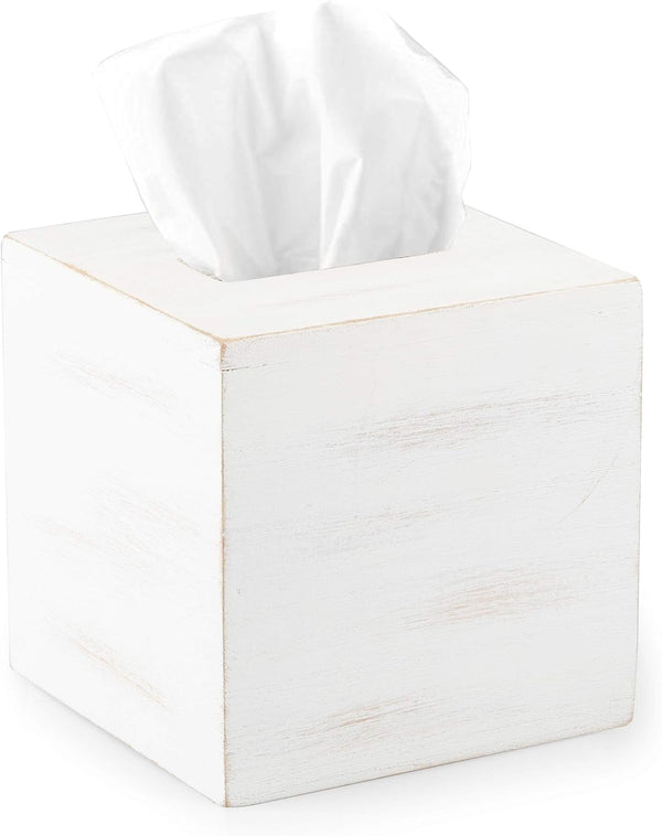 Ilyapa Square Wood Tissue Box Cover - Rustic Farmhouse White Wooden Tissue Holder