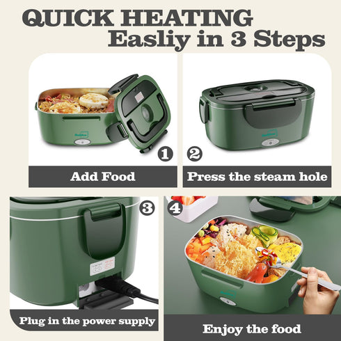 80W 1.5L 304 12V/24V/110V Buddew Electric Heated Lunch Box, Fast Heating, Food-Grade Stainless Steel, Portable Food